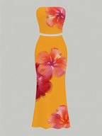 Women'S Elegant Off-Shoulder Floral Print Maxi Skirt Set - Vibrant Yellow with Pink & Orange Flowers, High-Waisted, Flowy Design, Perfect for Beach or Summer Outings, Beach Attire|Floral Print Skirt|Backless Skirt - The Superior Findings Depot