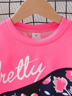 2pcs Girls' Clothing Party Slogan Large Glasses Print Pattern Drop Shoulder Irregular Hem Design Loose Short Sleeve T-Shirt + Floral Print Skinny Nine-Tenths Bottoms Set Girls' Summer Outfit Holiday Gift Girls' Fashion Casual - The Superior Findings Depot