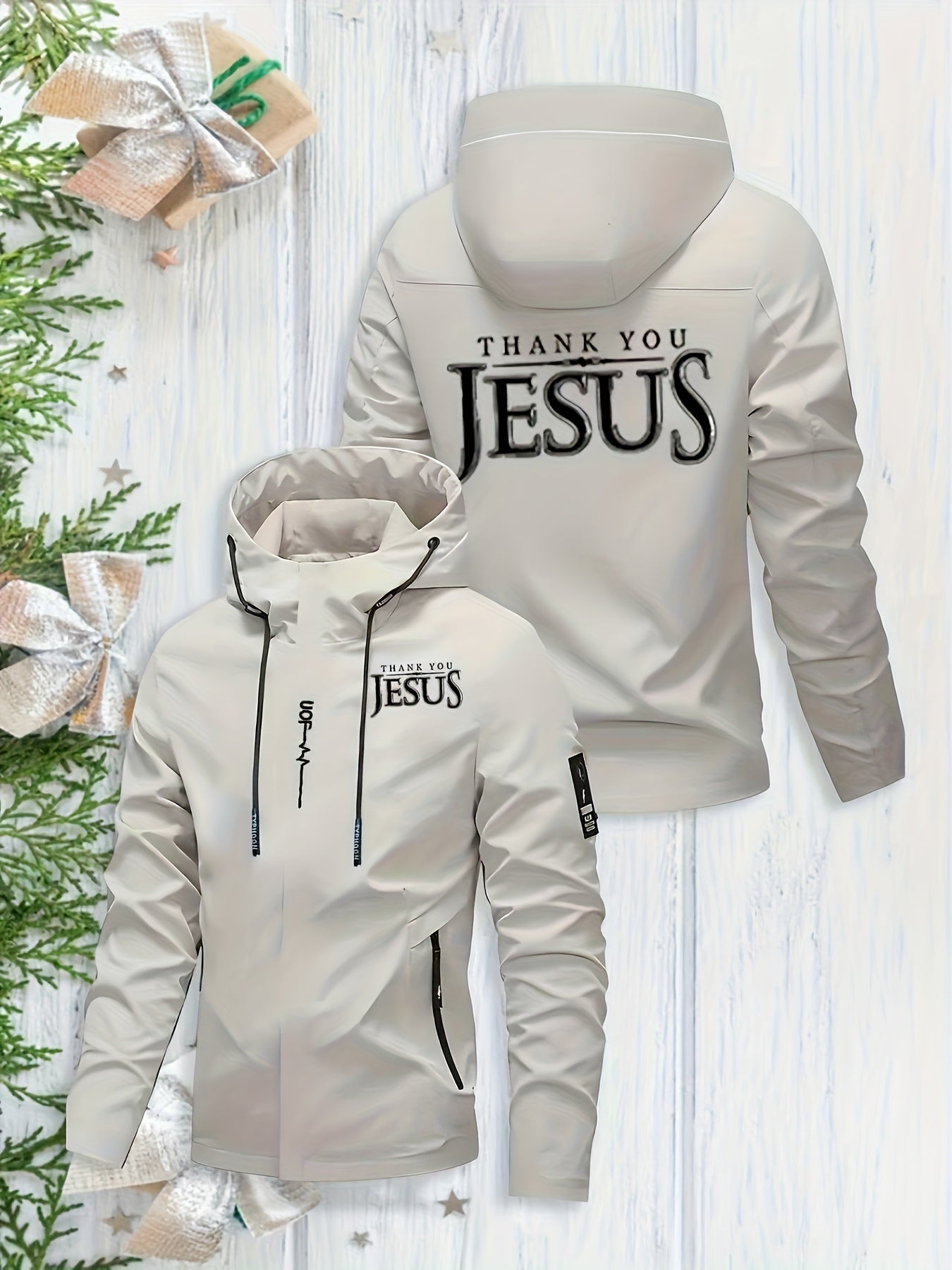 Men's Heavy-Duty Windproof Hooded Jacket with Jesus Logo & Bible Verse Print - Full-Zip Winter Coat, Golden-Tone Religious Design, Machine Washable Warm Outerwear for Church Events, Christmas Gifts (Full Back Print) - The Superior Findings Depot