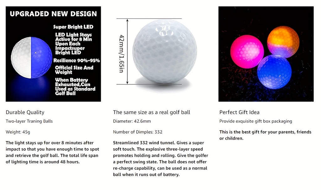 Glow Dark Golf Balls - 3/6/12pcs Resettable Time LED Luminous