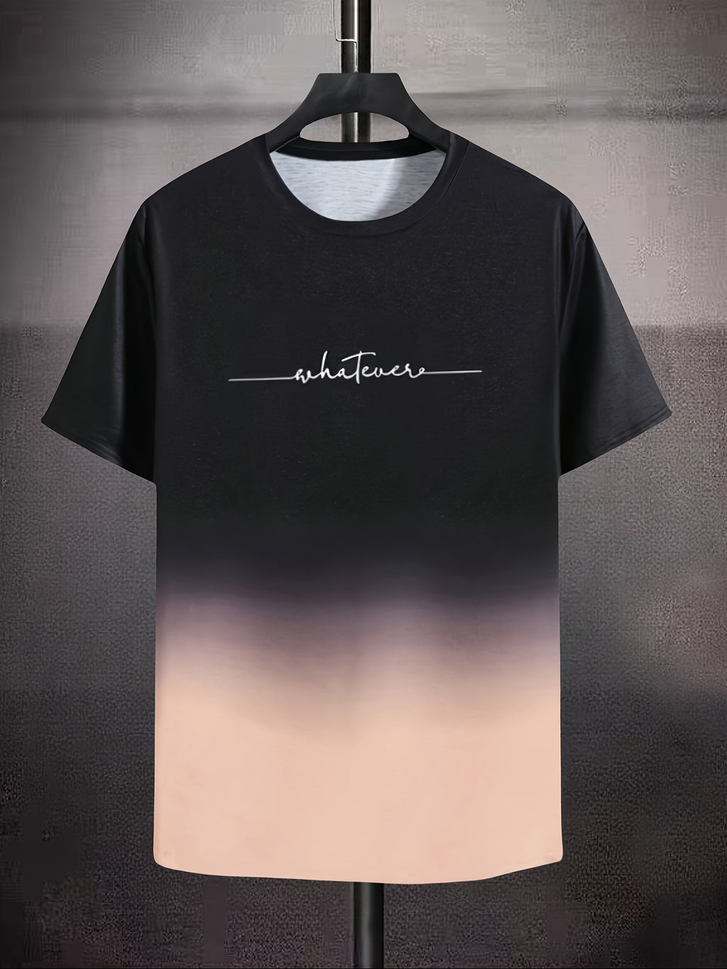 Men's Casual Ombre T-Shirt with White Cursive 'Whatever' Back Print - Dark Navy to Pink Gradient Short Sleeve Round Neck Tee, All-Season Fit, Machine Washable Streetwear & Casual Attire Top - The Superior Findings Depot