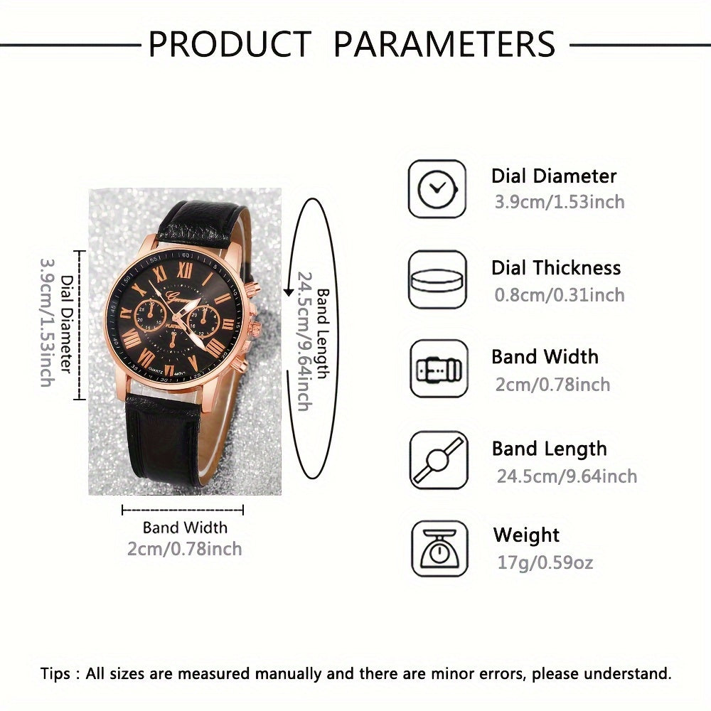 3pcs Fashionable And Simple Roman Watch Round Quartz Watch PU Leather Wrist Ideal Choice for Gifts - The Superior Findings Depot