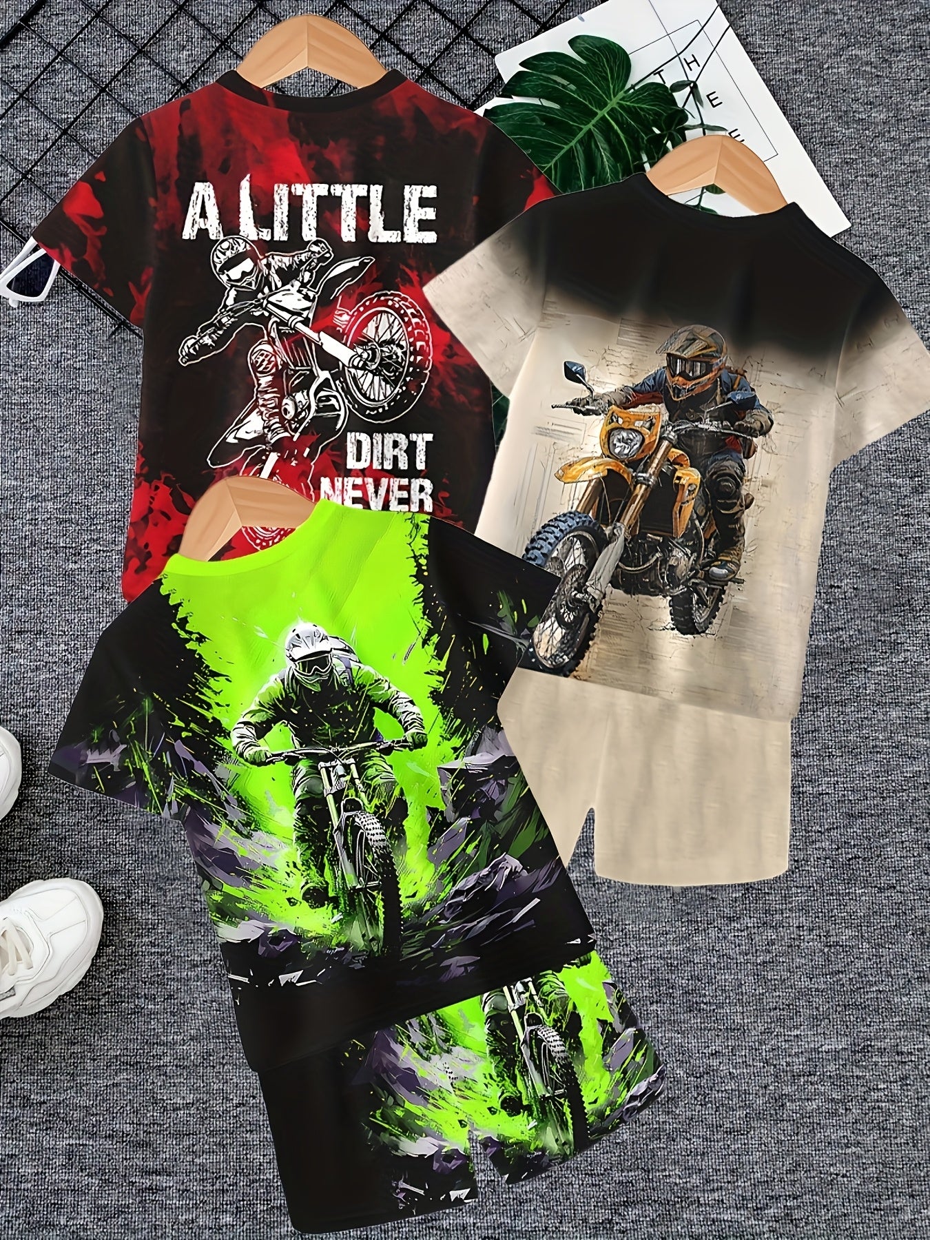 6pcs Boys' Cool Off-Road Motorcycle 3D Print T-Shirt & Shorts Set