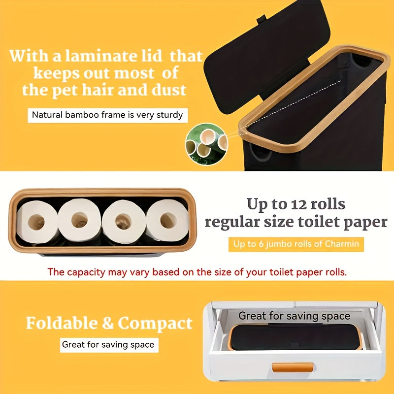 Large Capacity Toilet Paper Holder with Lid - Foldable Wood Frame
