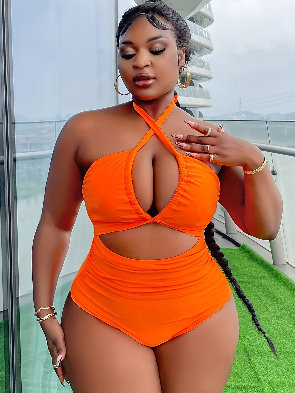 [Plus Size One-Piece Swimsuit] Unyooke Women's Plus Size Sexy Solid Orange One-Piece Swimsuit - Halter Neck High-Stretch Polyester Bathing Suit with Removable Chest Pads, Full Coverage & Smooth Texture for Beach, Pool, Vacati - The Superior Findings Depot