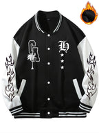 Warm Letter Print Star Pattern Embroidery Varsity Jacket, Men's Casual Color Block Button Up Jacket For Spring Fall School Baseball - The Superior Findings Depot