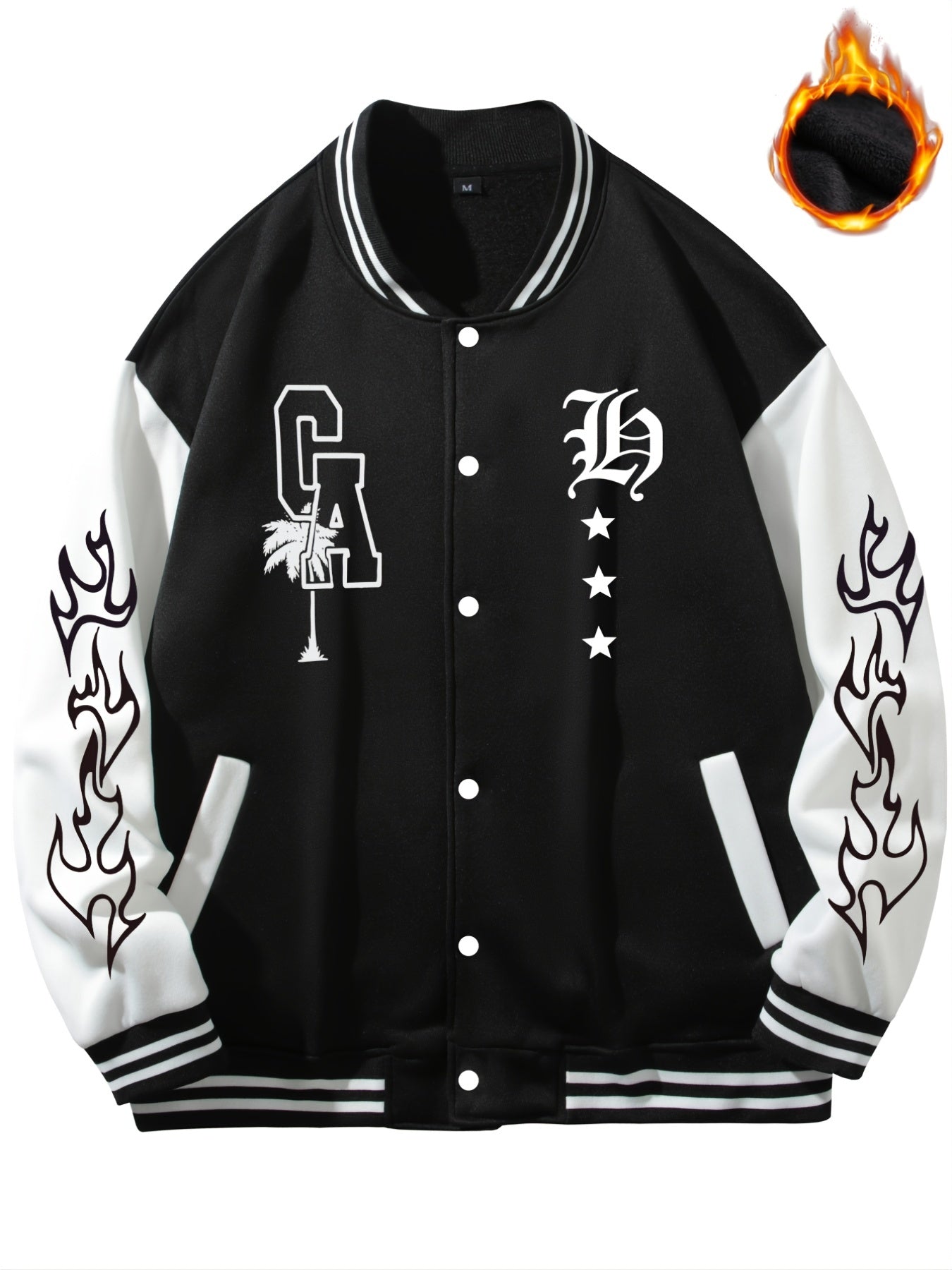 Warm Letter Print Star Pattern Embroidery Varsity Jacket, Men's Casual Color Block Button Up Jacket For Spring Fall School Baseball - The Superior Findings Depot