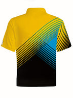 [Neon Polo Shirt] Neon Color Block 3D Digital Print Men's Summer Short Sleeve Polo Shirt | Casual Style, Regular Fit, 100% Polyester, Half Placket, Zipper Detail, Slight Stretch, 150g/m² - Yellow/Blue/Black