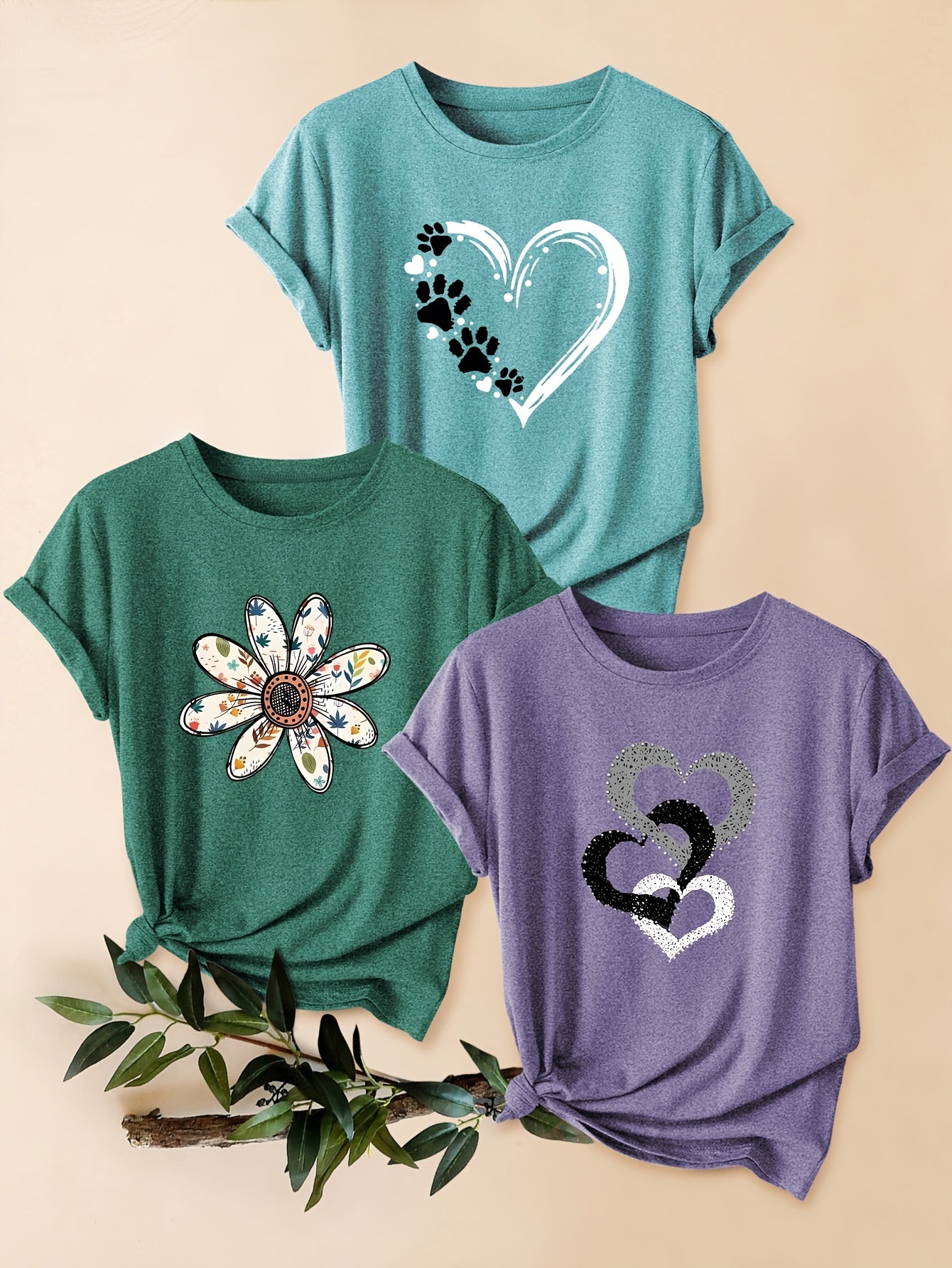 3pcs Women's Vintage-Inspired Graphic Tees - Floral & Heart Print Casual Short Sleeve T-Shirts, Soft Stretch Round Neck Tops for Spring Summer Fall,, Teal & Lavender, Seasonal Fashion, Artistic Design, Lightweight Tee, Printe - The Superior Findings Depot