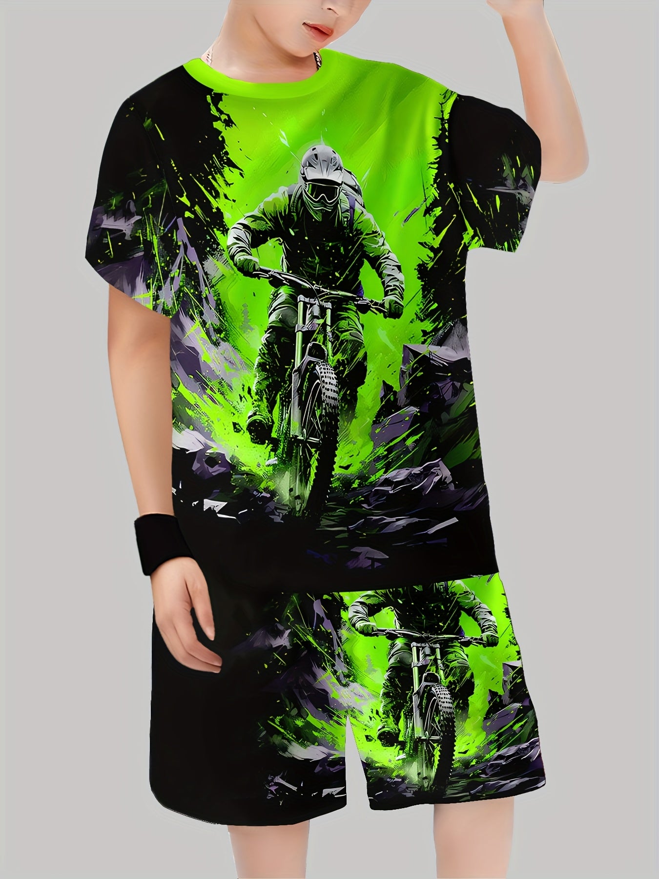 6pcs Boys' Cool Off-Road Motorcycle 3D Print T-Shirt & Shorts Set