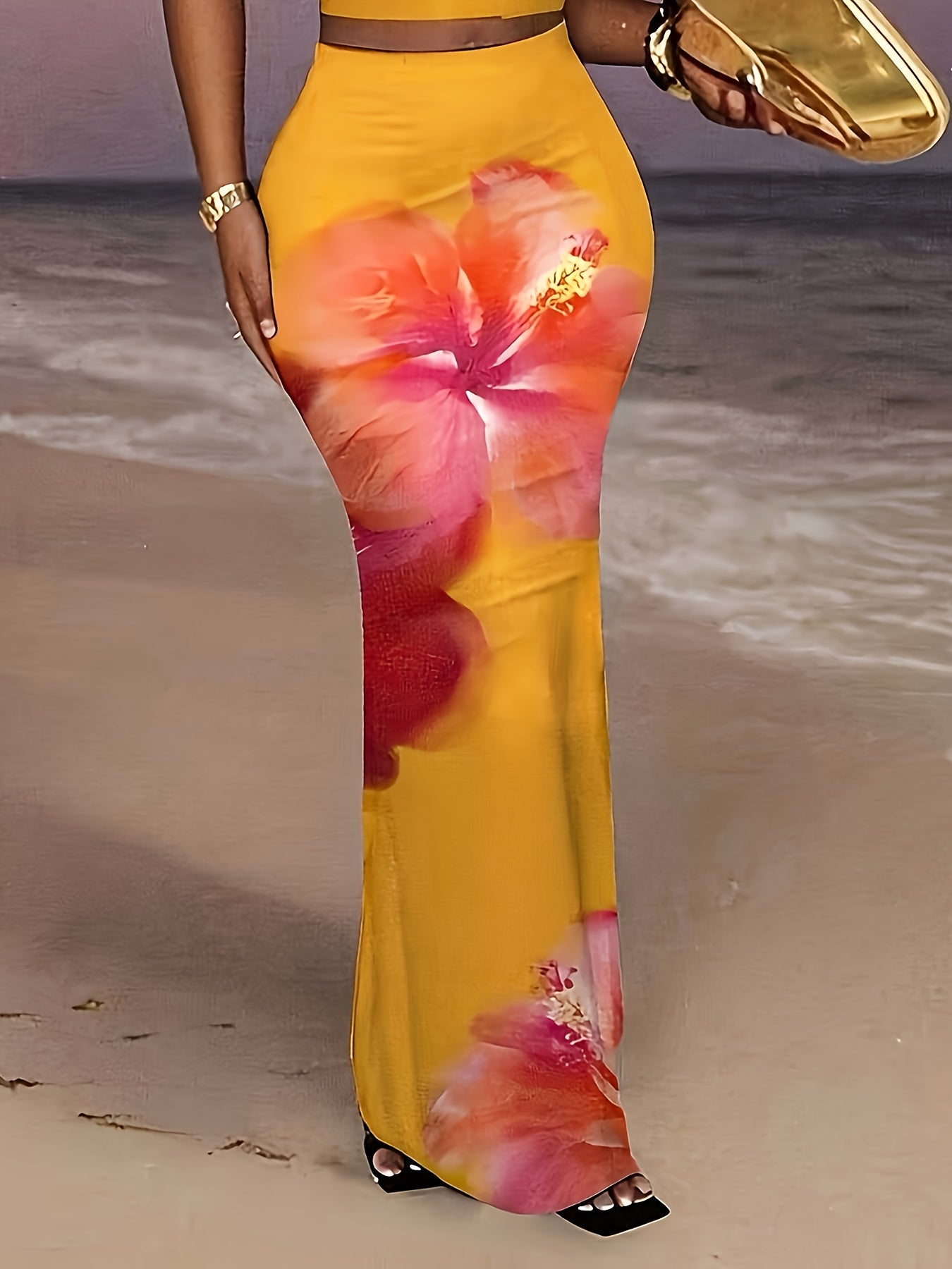 Women'S Elegant Off-Shoulder Floral Print Maxi Skirt Set - Vibrant Yellow with Pink & Orange Flowers, High-Waisted, Flowy Design, Perfect for Beach or Summer Outings, Beach Attire|Floral Print Skirt|Backless Skirt - The Superior Findings Depot