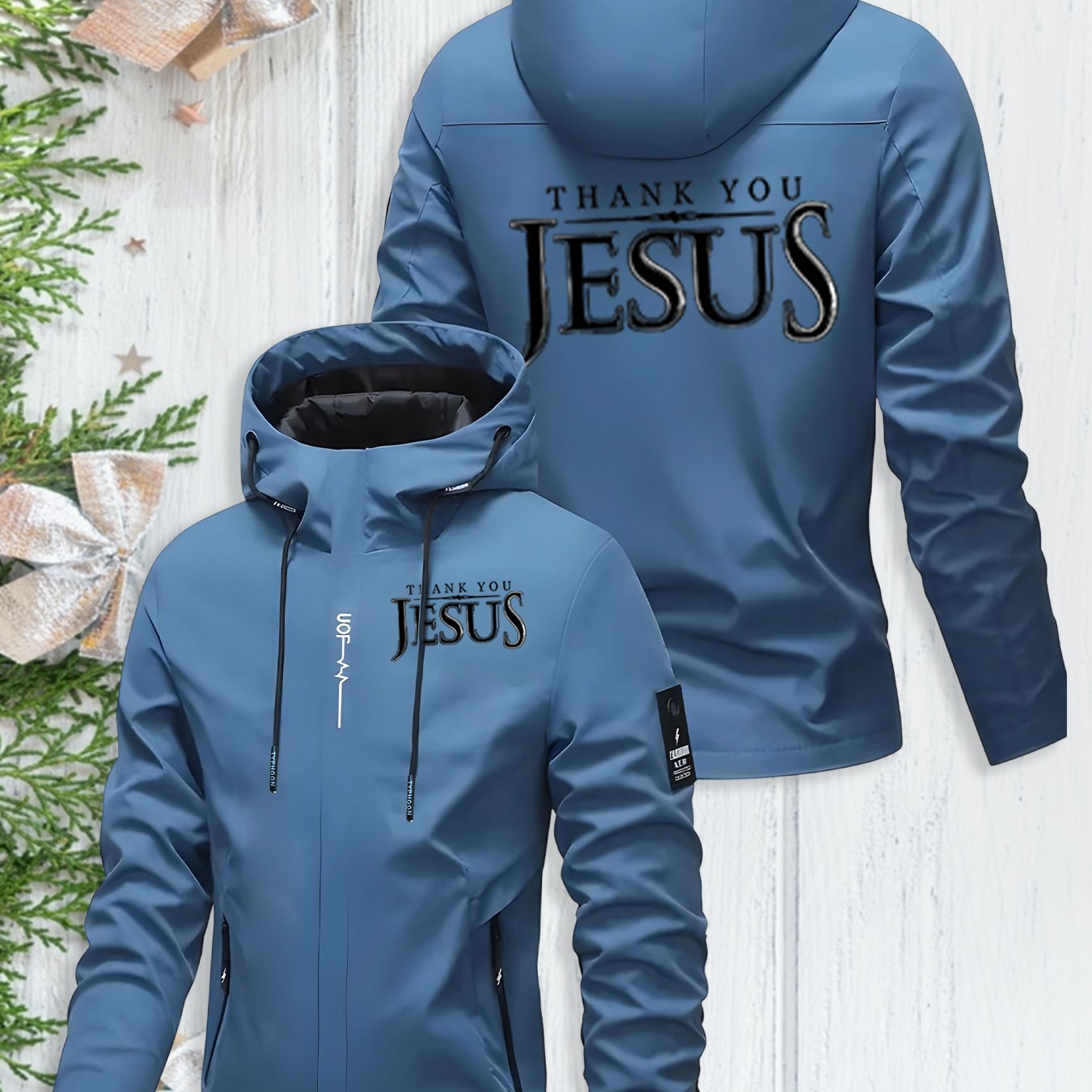 Men's Heavy-Duty Windproof Hooded Jacket with Jesus Logo & Bible Verse Print - Full-Zip Winter Coat, Golden-Tone Religious Design, Machine Washable Warm Outerwear for Church Events, Christmas Gifts (Full Back Print) - The Superior Findings Depot