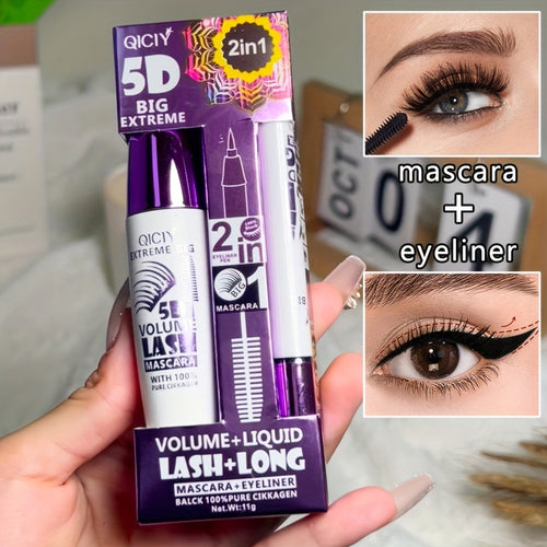 QICI 5D EXTREME 2in1 Mascara + Eyeliner Set - Waterproof, Long-Lasting, Smudge-Proof, Volume & Length Enhancing, Black Liquid Eyeliner with 10ml Brush, 24-Hour Wear, 1pc/2pcs, Beauty Essentials|Bold Eye Makeup|Smudgeproof Lin - The Superior Findings Depot