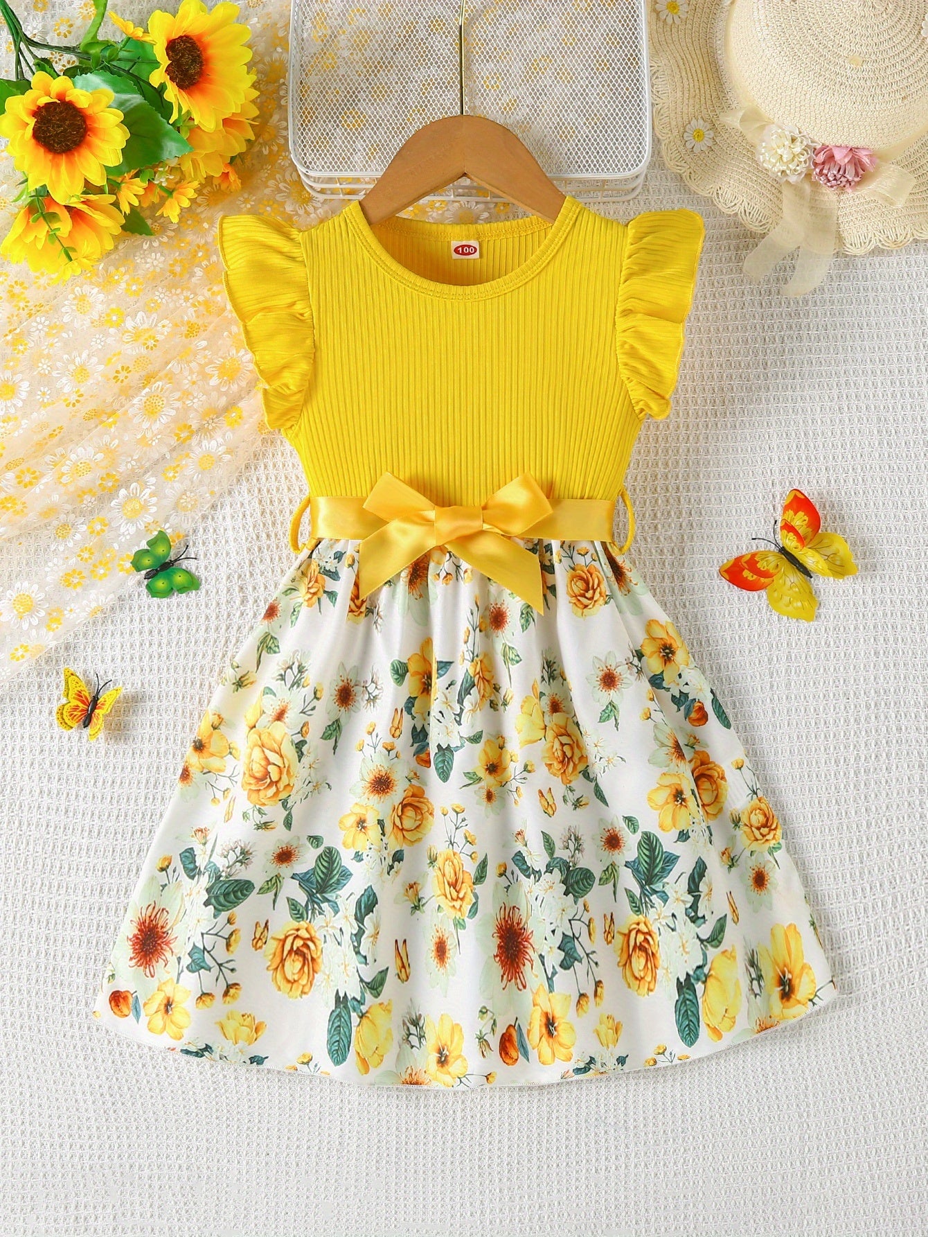 Girls' Cute Butterfly & Floral Print Princess Dress - 5 Styles Random