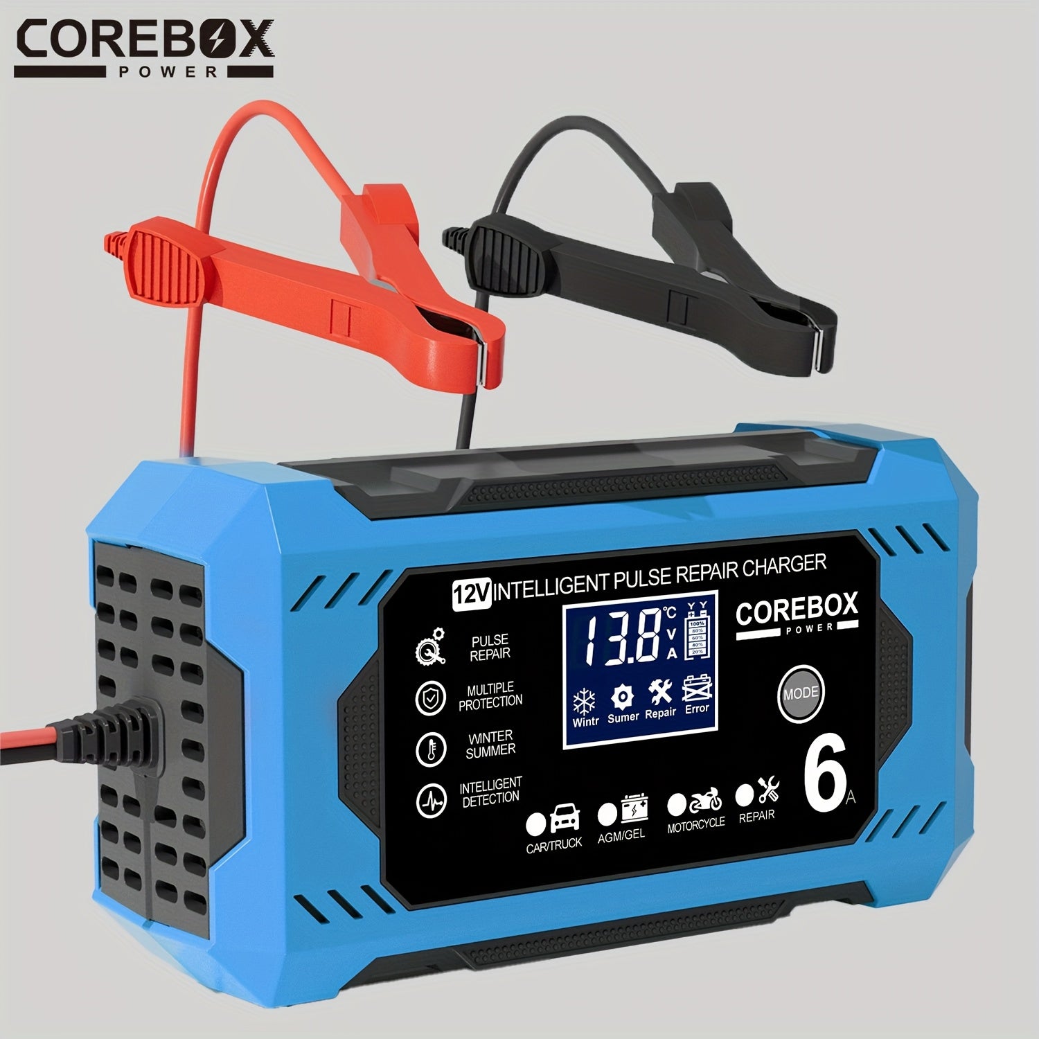 COREBOX 12V 6A Smart Battery Charger with LCD Display, 12V 6A Fast/Trickle Charger, Overcharge/Overheat/Short Circuit/Reverse Polarity, Automatic Switch Mode, Microprocessor Controlled, Compatible with AGM/GEL/SLA/Wet/EFB, 4- - The Superior Findings Depot