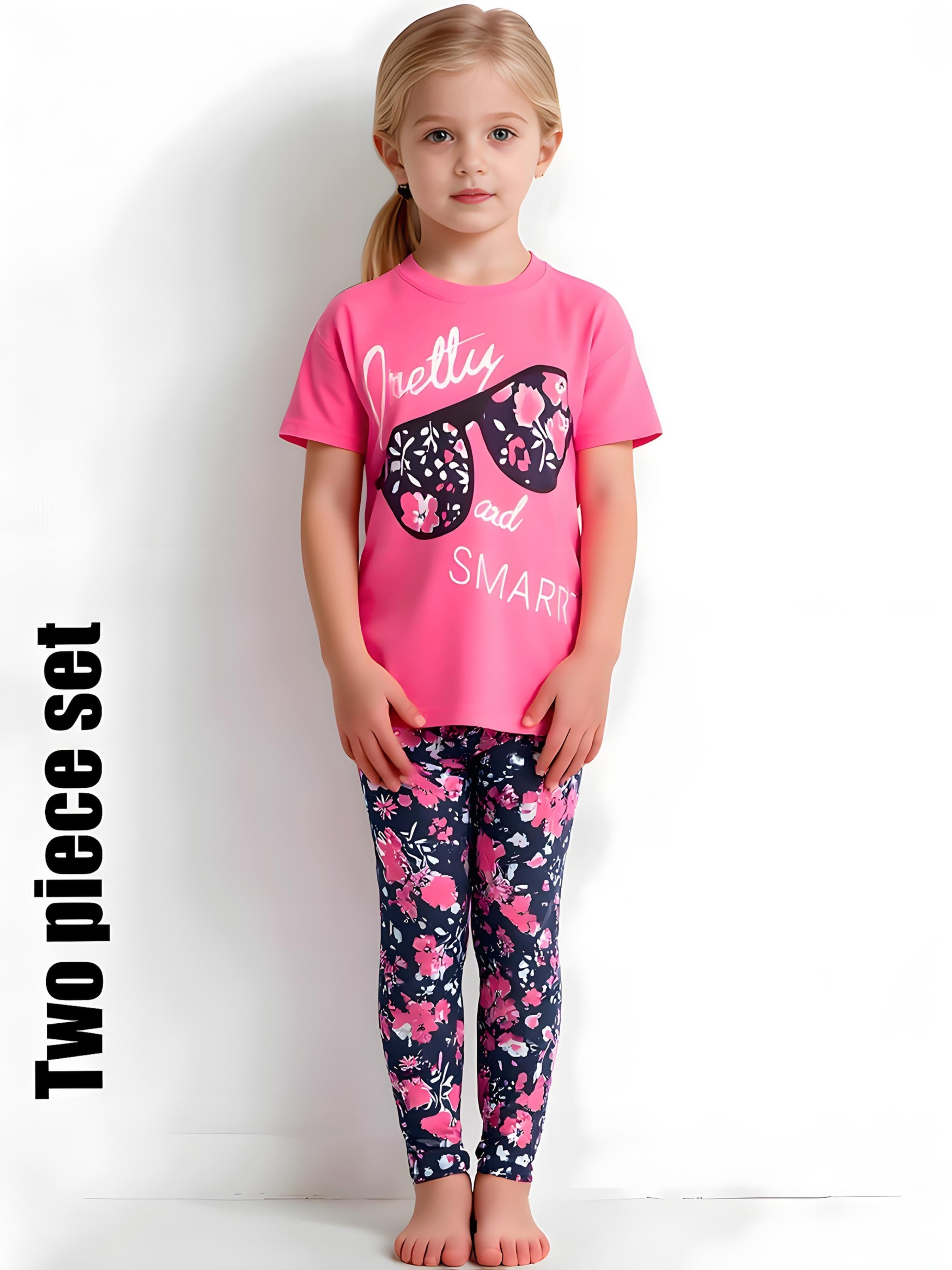 2pcs Girls' Clothing Party Slogan Large Glasses Print Pattern Drop Shoulder Irregular Hem Design Loose Short Sleeve T-Shirt + Floral Print Skinny Nine-Tenths Bottoms Set Girls' Summer Outfit Holiday Gift Girls' Fashion Casual - The Superior Findings Depot