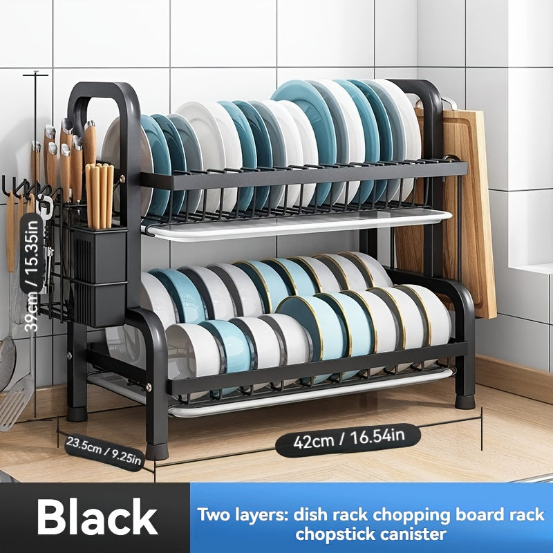 2025 Two/Three-Tier Carbon Steel Dish Rack with Drain Board, Cutlery Holder and Cup Hook - Space-Saving for Kitchen Countertop Storage - Black, No Electricity Required, Dish Drying Rack | Smooth Black Surface | Durable Kitche - The Superior Findings Depot