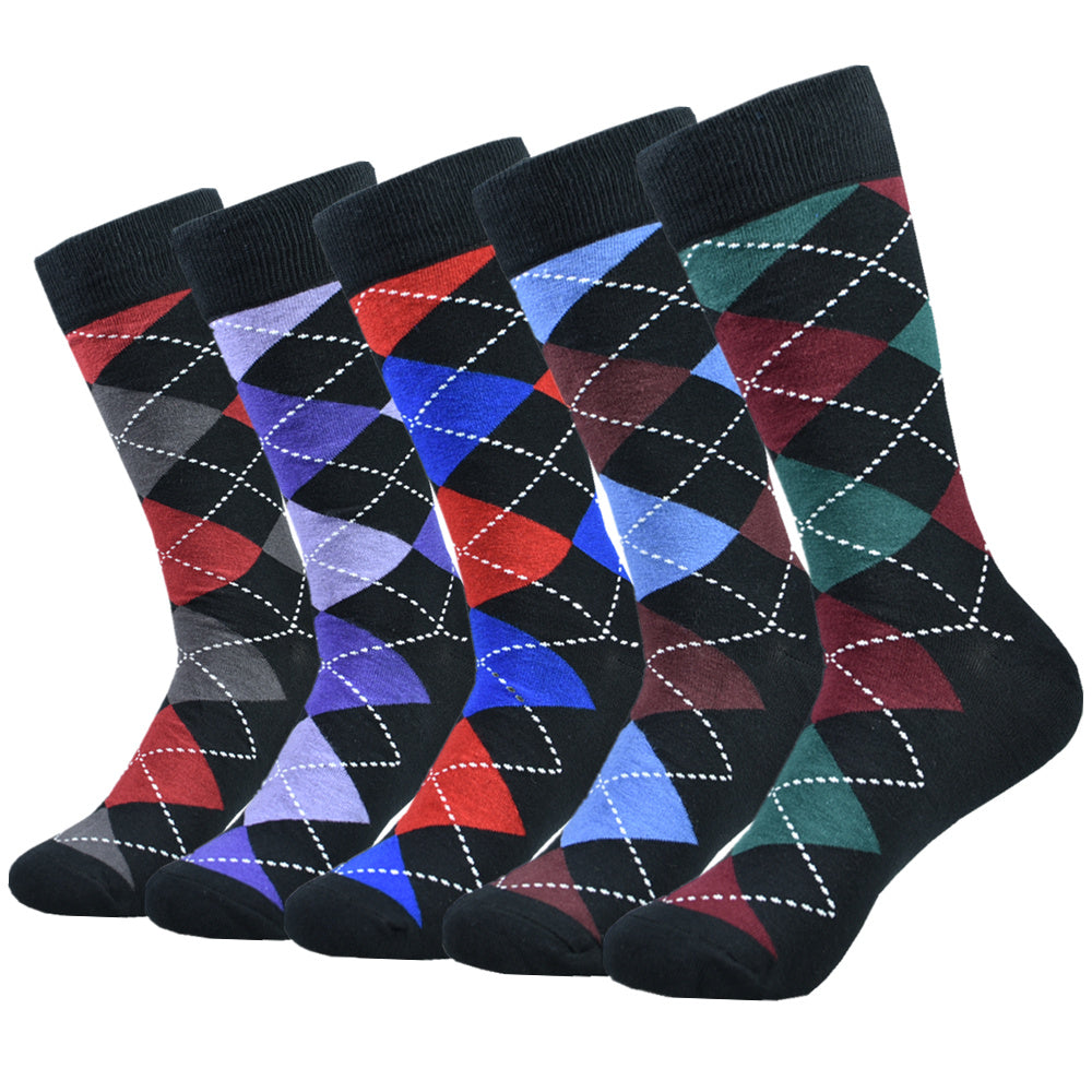 5pairs Men's Cotton Argyle Color Block Soft Crew Socks, Men's Business Socks, Multicolor Set - The Superior Findings Depot