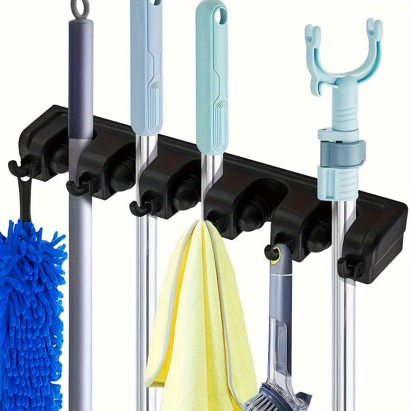 1pc Broom Holder, Wall Mounted Garden Tool Organizer, Home Laundry Room, Closet, Shed, Garage Organization And Storage Utility Rack, 5 Slots & 6 Hooks - The Superior Findings Depot