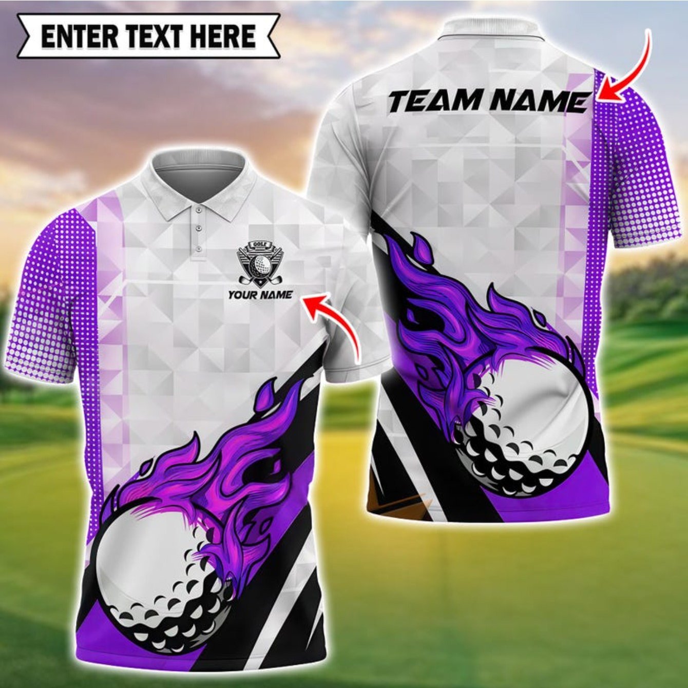 Men's Custom Golf Shirt - Blue & Black Flame with Golf Ball Accent