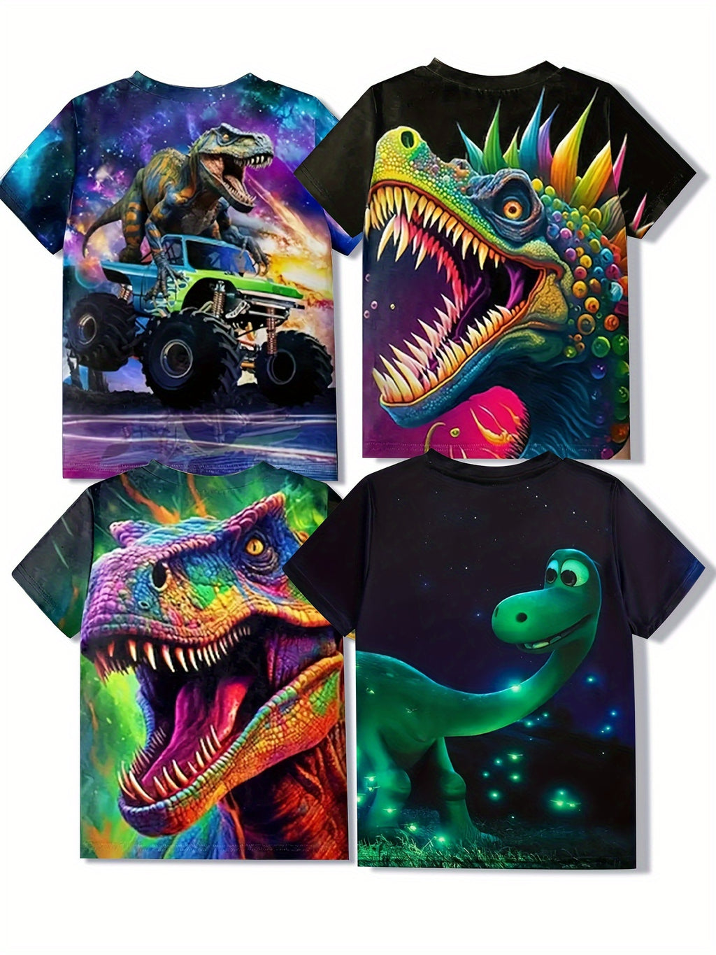 [Cool Dinosaur Tee] 4pcs Cool Dinosaur 3D Print Boys T-shirt | Casual Lightweight Comfy Short Sleeve Tee Tops | Boys Clothes For Summer - The Superior Findings Depot
