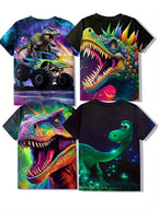 [Cool Dinosaur Tee] 4pcs Cool Dinosaur 3D Print Boys T-shirt | Casual Lightweight Comfy Short Sleeve Tee Tops | Boys Clothes For Summer - The Superior Findings Depot