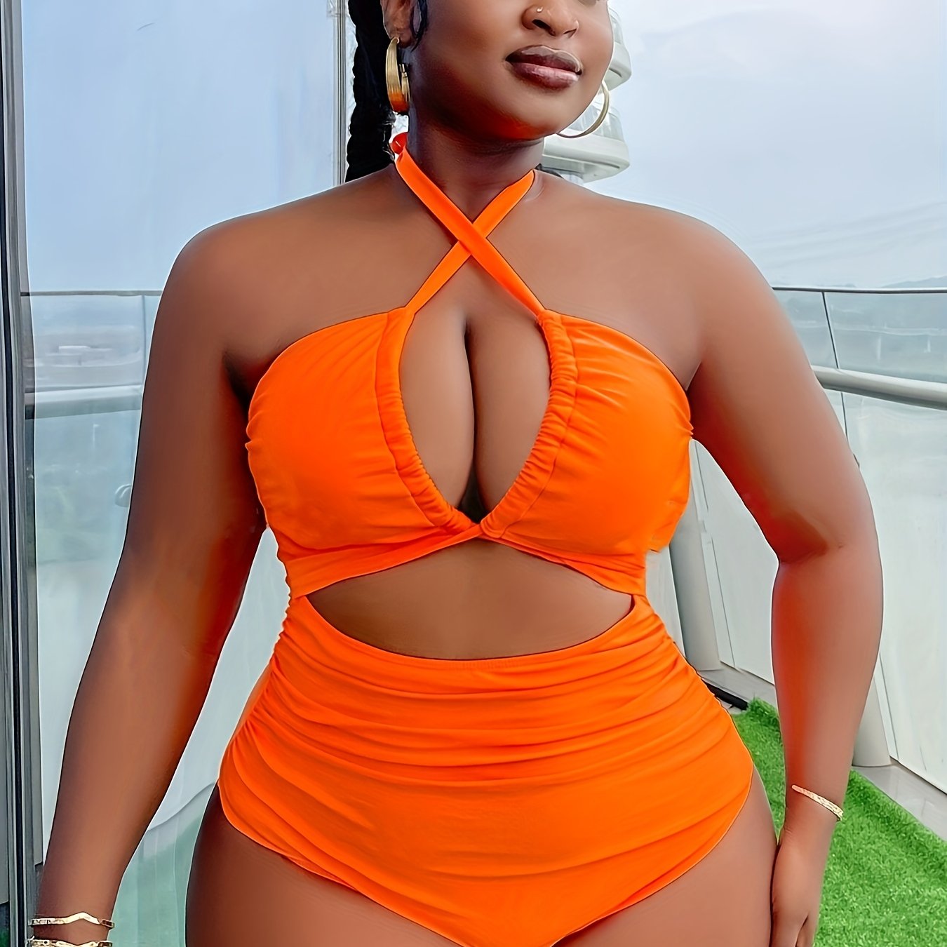 [Plus Size One-Piece Swimsuit] Unyooke Women's Plus Size Sexy Solid Orange One-Piece Swimsuit - Halter Neck High-Stretch Polyester Bathing Suit with Removable Chest Pads, Full Coverage & Smooth Texture for Beach, Pool, Vacati - The Superior Findings Depot