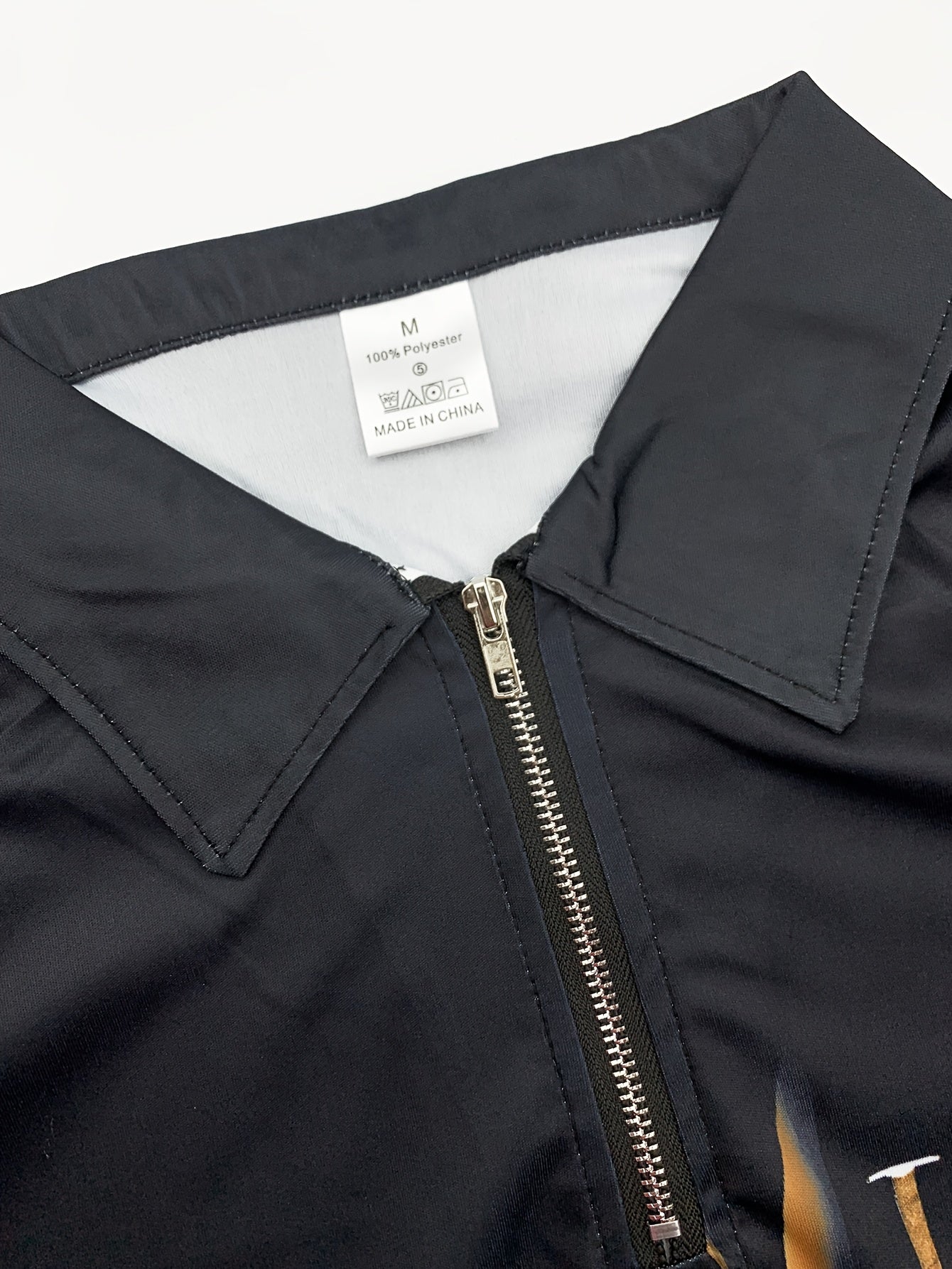 Men's Short-Sleeve Shirt with Golden Cross Graphic - Black Polyester Casual Summer Top with Zipper Detail and Vibrant Digital Print - Regular Fit for Casual Attire