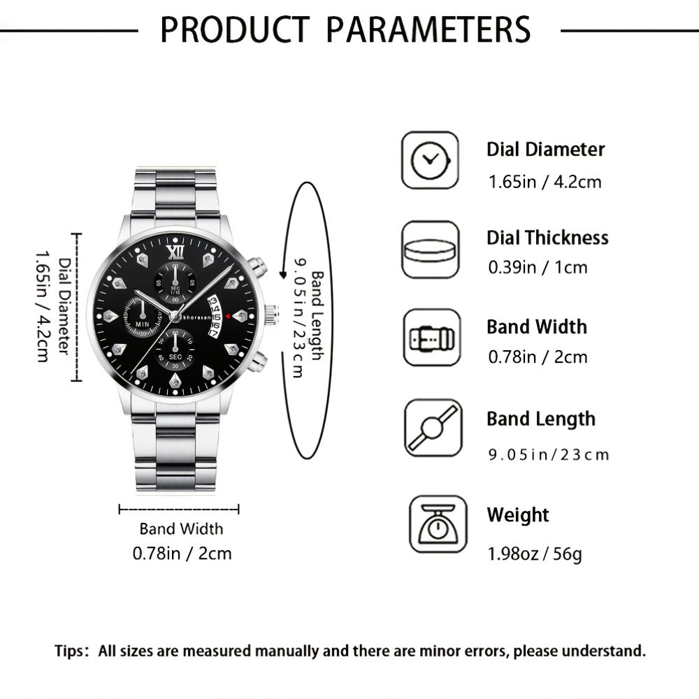 4pcs Men's Cool Trendy Silvery Watch + Chain Accessory Set, Quartz Movement, Zinc Alloy Case & Strap, Electronic Drive, Non-Rechargeable Battery, Round Dial, Pointer Display, Sports Style, Suitable for Him on Anniversary Birt - The Superior Findings Depot