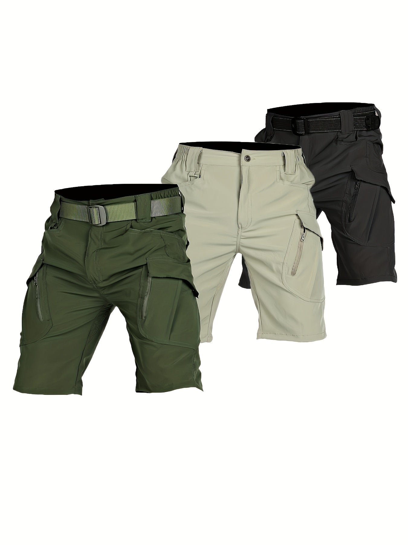 3pcs Men'S Quick-Dry Lightweight Breathable Elastic Waist Tactical Shorts - Summer Outdoor Casual Shorts with Multiple Pockets for Hiking, Running & Training, No Belt Needed, Solid Colors (Olive/Charcoal/Beige), Hiking Shorts - The Superior Findings Depot