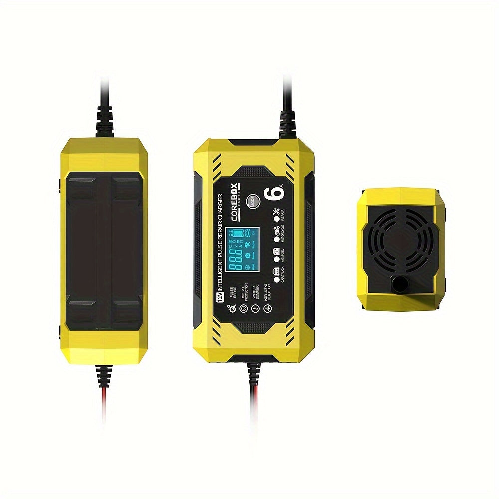 COREBOX 12V 6A Smart Battery Charger with LCD Display, 12V 6A Fast/Trickle Charger, Overcharge/Overheat/Short Circuit/Reverse Polarity, Automatic Switch Mode, Microprocessor Controlled, Compatible with AGM/GEL/SLA/Wet/EFB, 4- - The Superior Findings Depot