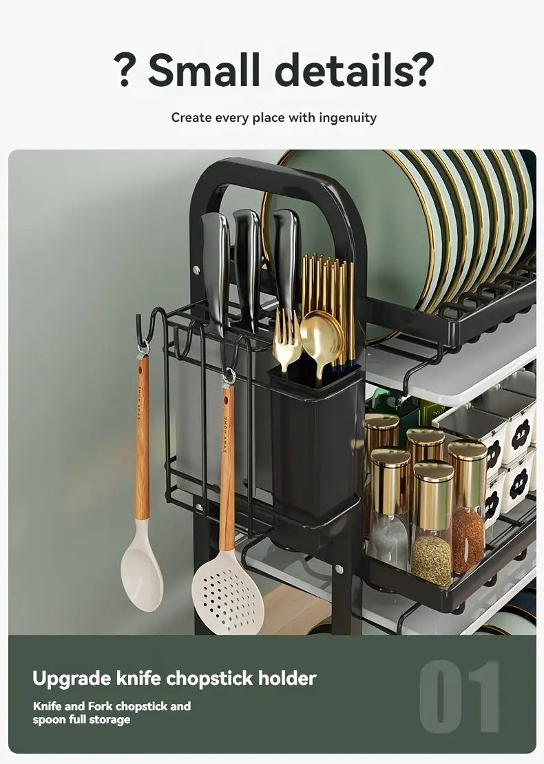 2025 Two/Three-Tier Carbon Steel Dish Rack with Drain Board, Cutlery Holder and Cup Hook - Space-Saving for Kitchen Countertop Storage - Black, No Electricity Required, Dish Drying Rack | Smooth Black Surface | Durable Kitche - The Superior Findings Depot