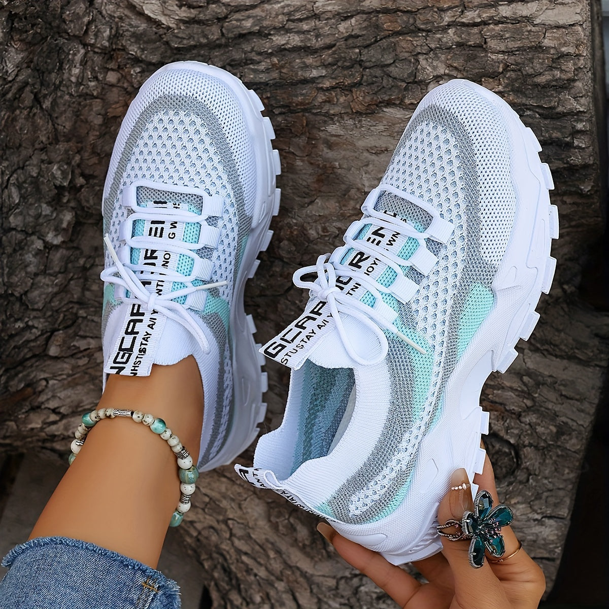 Women's Colorblock Knitted Sneakers, Stylish Breathable Low Top Running Trainers, Comfy Outdoor Sports Shoes plus size - The Superior Findings Depot