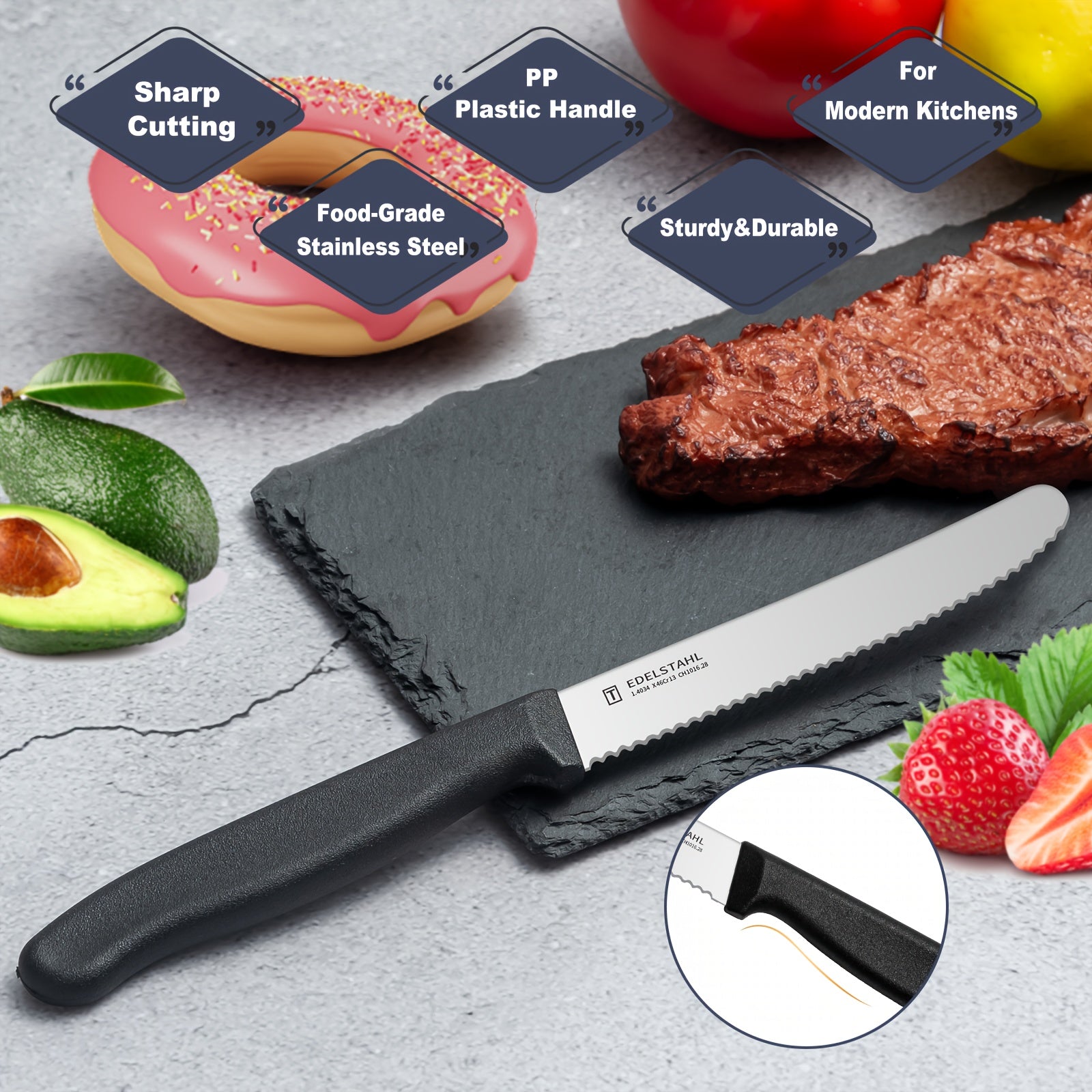 12-Piece Tomato Knife, Snack Knife, Sharp Blade, Corrugated Cut, Breakfast Knife, High Quality Stainless Steel Table Knife, Durable Bread Knife, Sharp Knife, Dishwasher Safe(Black handle) - The Superior Findings Depot