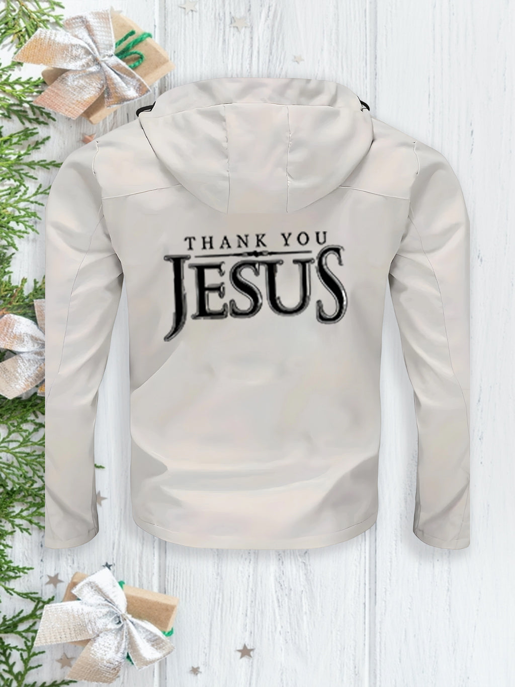 Men's Heavy-Duty Windproof Hooded Jacket with Jesus Logo & Bible Verse Print - Full-Zip Winter Coat, Golden-Tone Religious Design, Machine Washable Warm Outerwear for Church Events, Christmas Gifts (Full Back Print) - The Superior Findings Depot