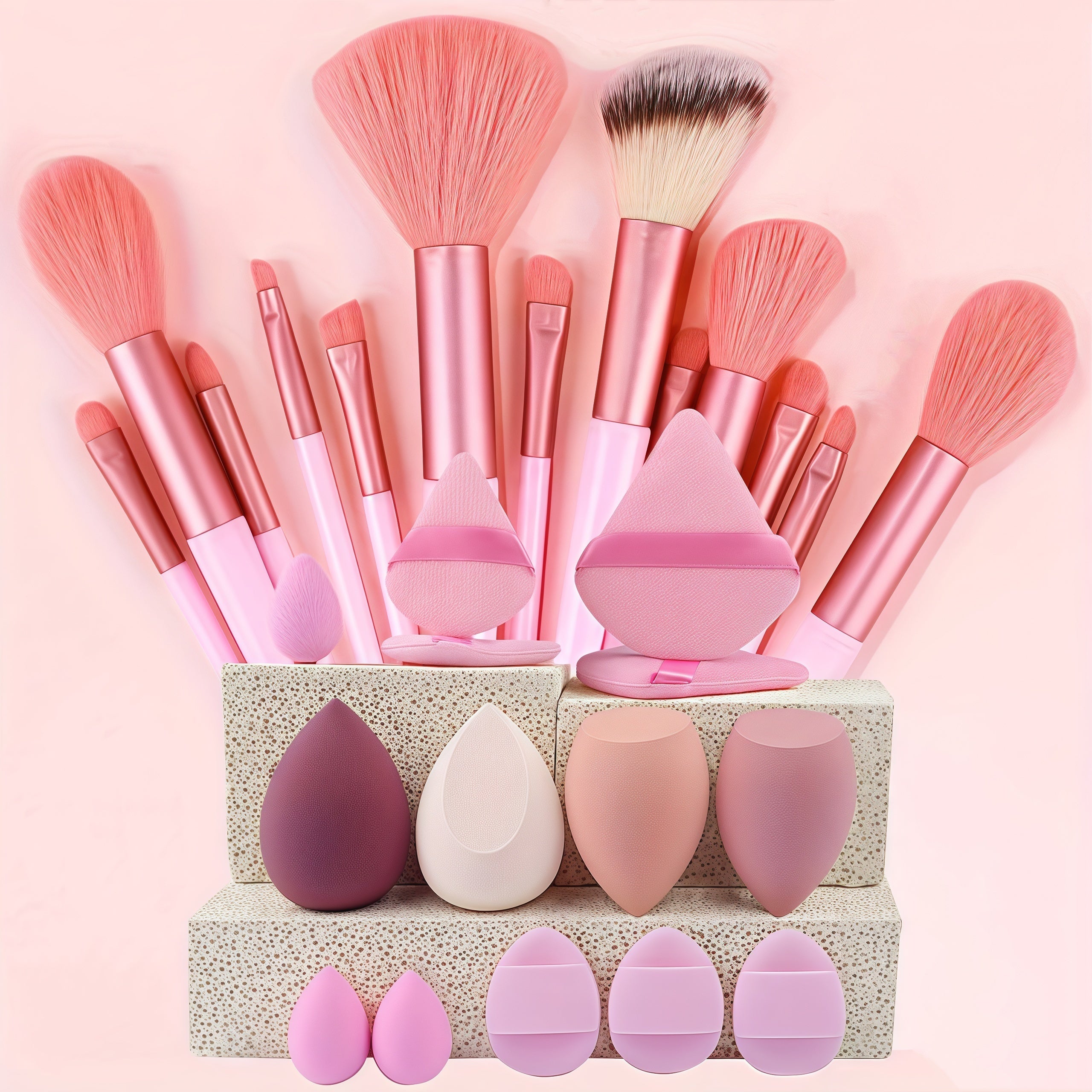 13pcs set of soft makeup brush, 8 mini brush &14 sponge set, soft makeup brush with cosmetic sponge, for makeup base pink, shadow of eyes, makeup brush for blurring Kabuki, beauty tools - The Superior Findings Depot