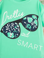 2pcs Girls' Clothing Party Slogan Large Glasses Print Pattern Drop Shoulder Irregular Hem Design Loose Short Sleeve T-Shirt + Floral Print Skinny Nine-Tenths Bottoms Set Girls' Summer Outfit Holiday Gift Girls' Fashion Casual - The Superior Findings Depot