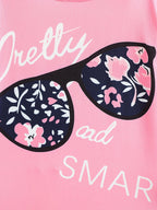 2pcs Girls' Clothing Party Slogan Large Glasses Print Pattern Drop Shoulder Irregular Hem Design Loose Short Sleeve T-Shirt + Floral Print Skinny Nine-Tenths Bottoms Set Girls' Summer Outfit Holiday Gift Girls' Fashion Casual - The Superior Findings Depot