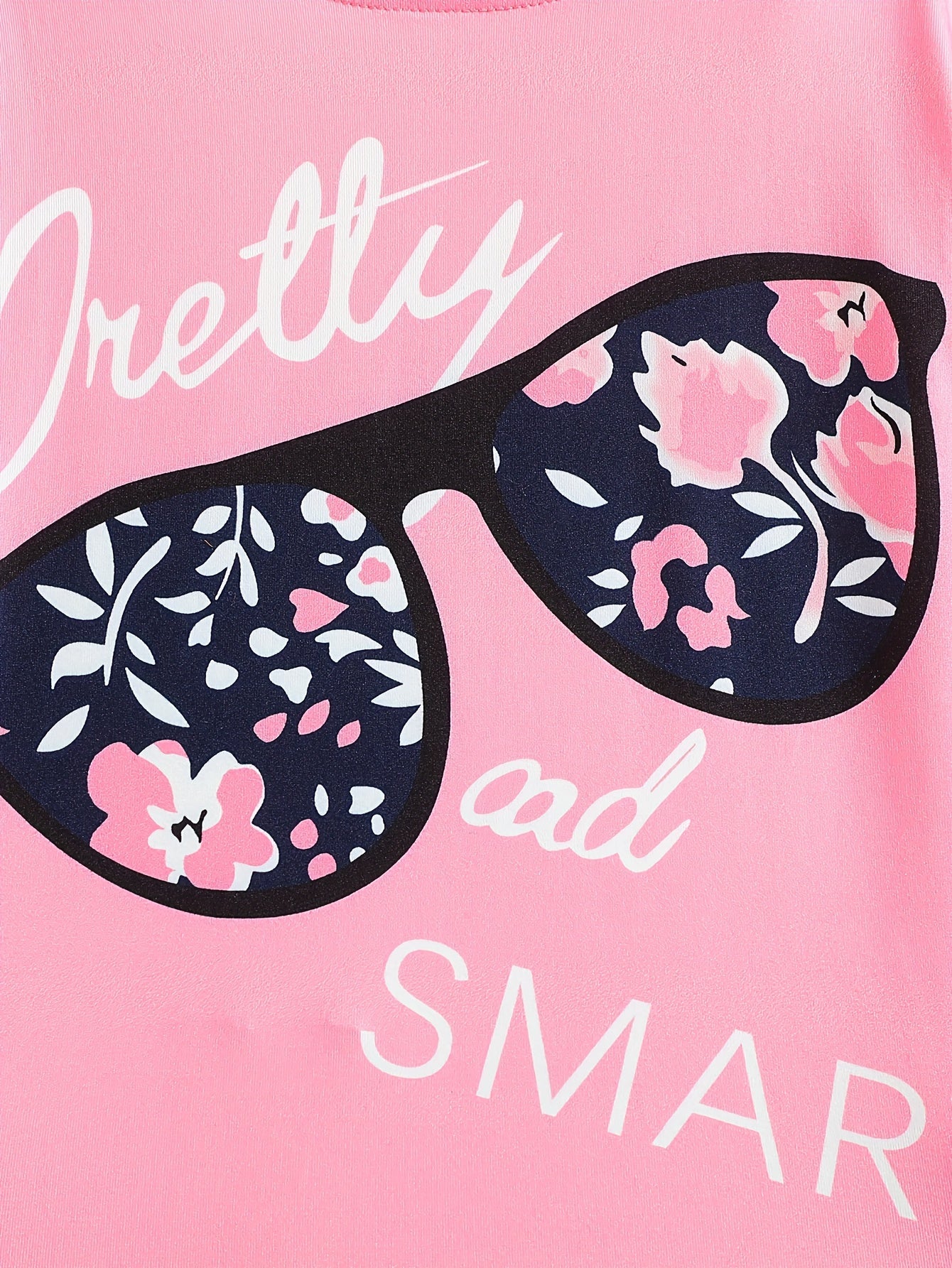 2pcs Girls' Clothing Party Slogan Large Glasses Print Pattern Drop Shoulder Irregular Hem Design Loose Short Sleeve T-Shirt + Floral Print Skinny Nine-Tenths Bottoms Set Girls' Summer Outfit Holiday Gift Girls' Fashion Casual - The Superior Findings Depot