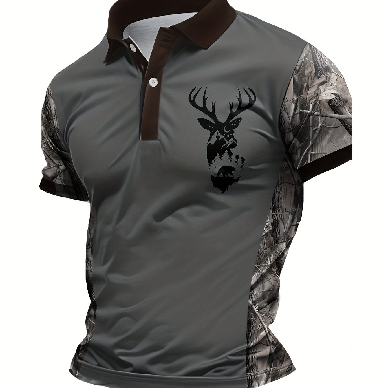 Men's Camouflage Sleeve Shirt - Khaki Base with Elk Print