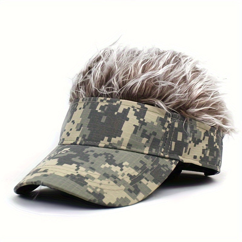 Sporty Camo Baseball Cap with Built-In Wig - Hip Hop Style