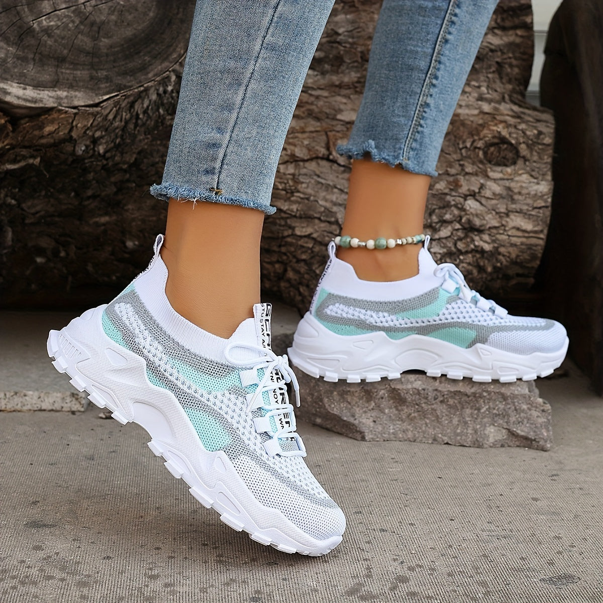 Women's Colorblock Knitted Sneakers, Stylish Breathable Low Top Running Trainers, Comfy Outdoor Sports Shoes plus size - The Superior Findings Depot