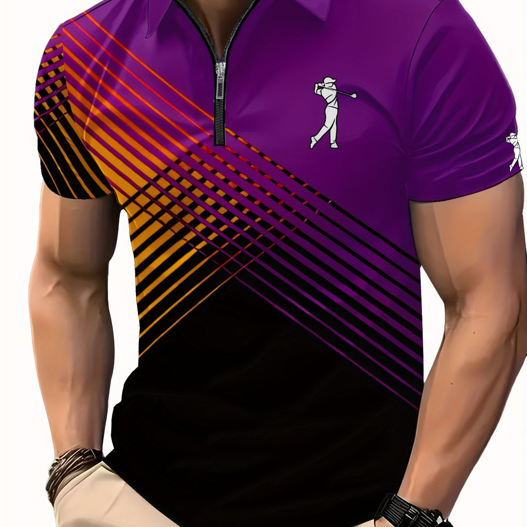 [Neon Polo Shirt] Neon Color Block 3D Digital Print Men's Summer Short Sleeve Polo Shirt | Casual Style, Regular Fit, 100% Polyester, Half Placket, Zipper Detail, Slight Stretch, 150g/m² - Yellow/Blue/Black