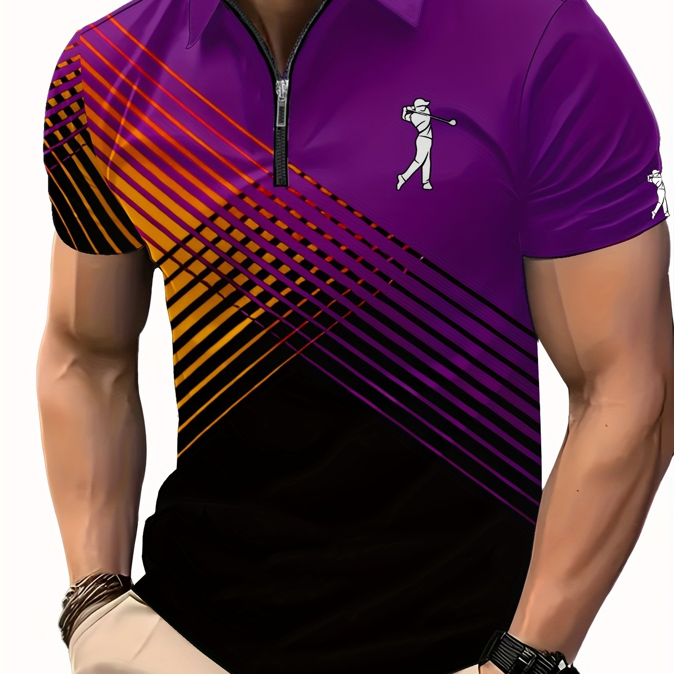 [Neon Polo Shirt] Neon Color Block 3D Digital Print Men's Summer Short Sleeve Polo Shirt | Casual Style, Regular Fit, 100% Polyester, Half Placket, Zipper Detail, Slight Stretch, 150g/m² - Yellow/Blue/Black