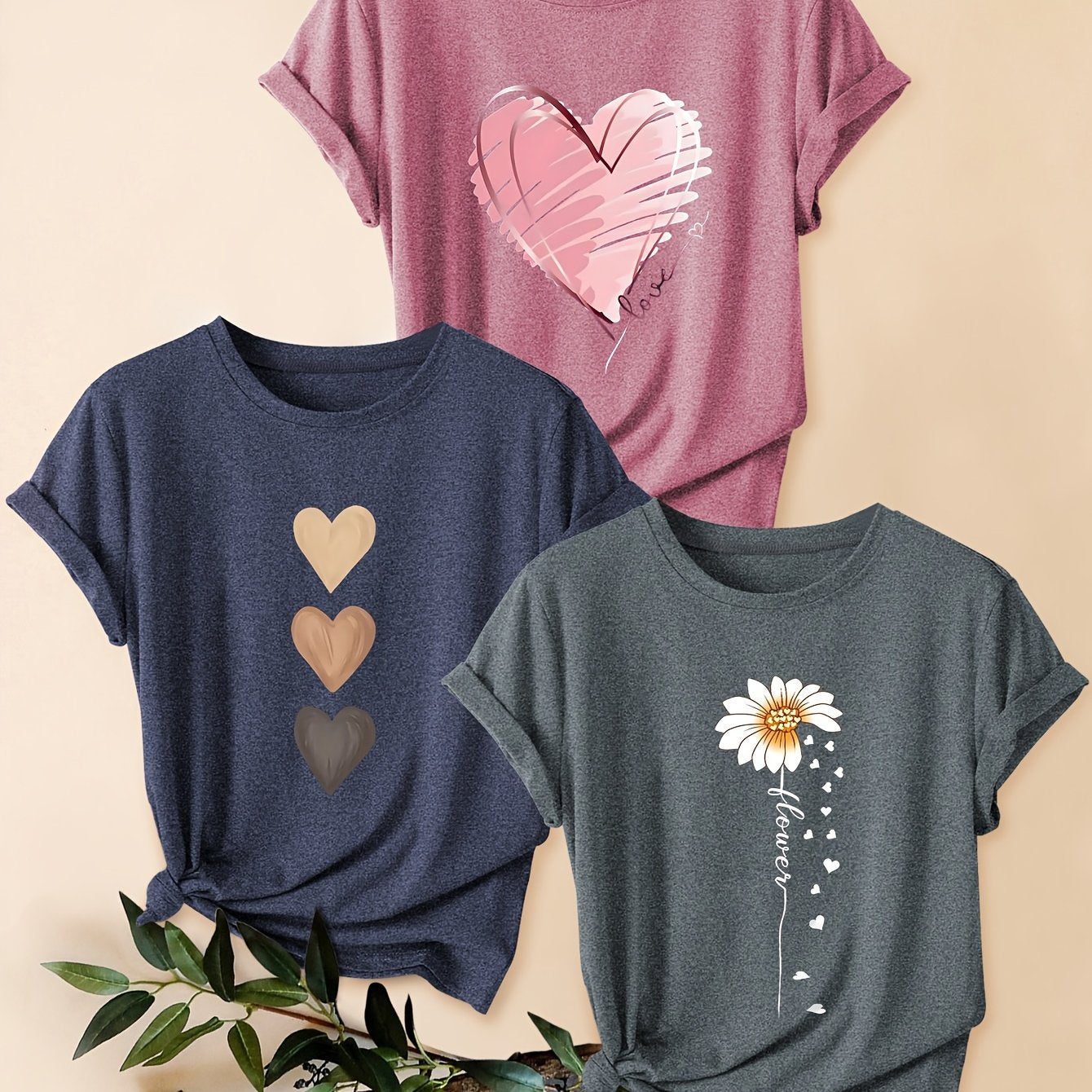 3pcs Women's Vintage-Inspired Graphic Tees - Floral & Heart Print Casual Short Sleeve T-Shirts, Soft Stretch Round Neck Tops for Spring Summer Fall,, Teal & Lavender, Seasonal Fashion, Artistic Design, Lightweight Tee, Printe - The Superior Findings Depot