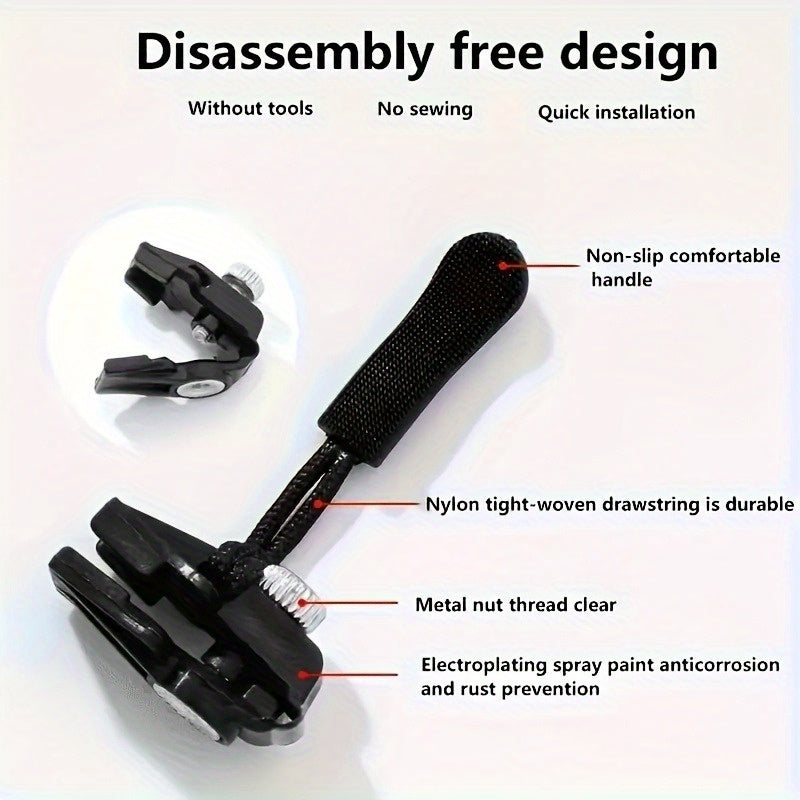 Set of 6 Universal Black Zipper Replacements - Detachable No Sewing