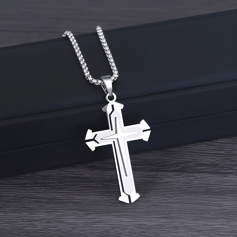 Stylish Cross Pendant Necklace - Cool Multi-Layered Design in 201 Stainless Steel Square Chain - Suitable for Women and Men's Daily Wear, Classic Jewelry Accessory for Outfits, Holidays, Valentine's Day, Mother's Day, Birthda - The Superior Findings Depot