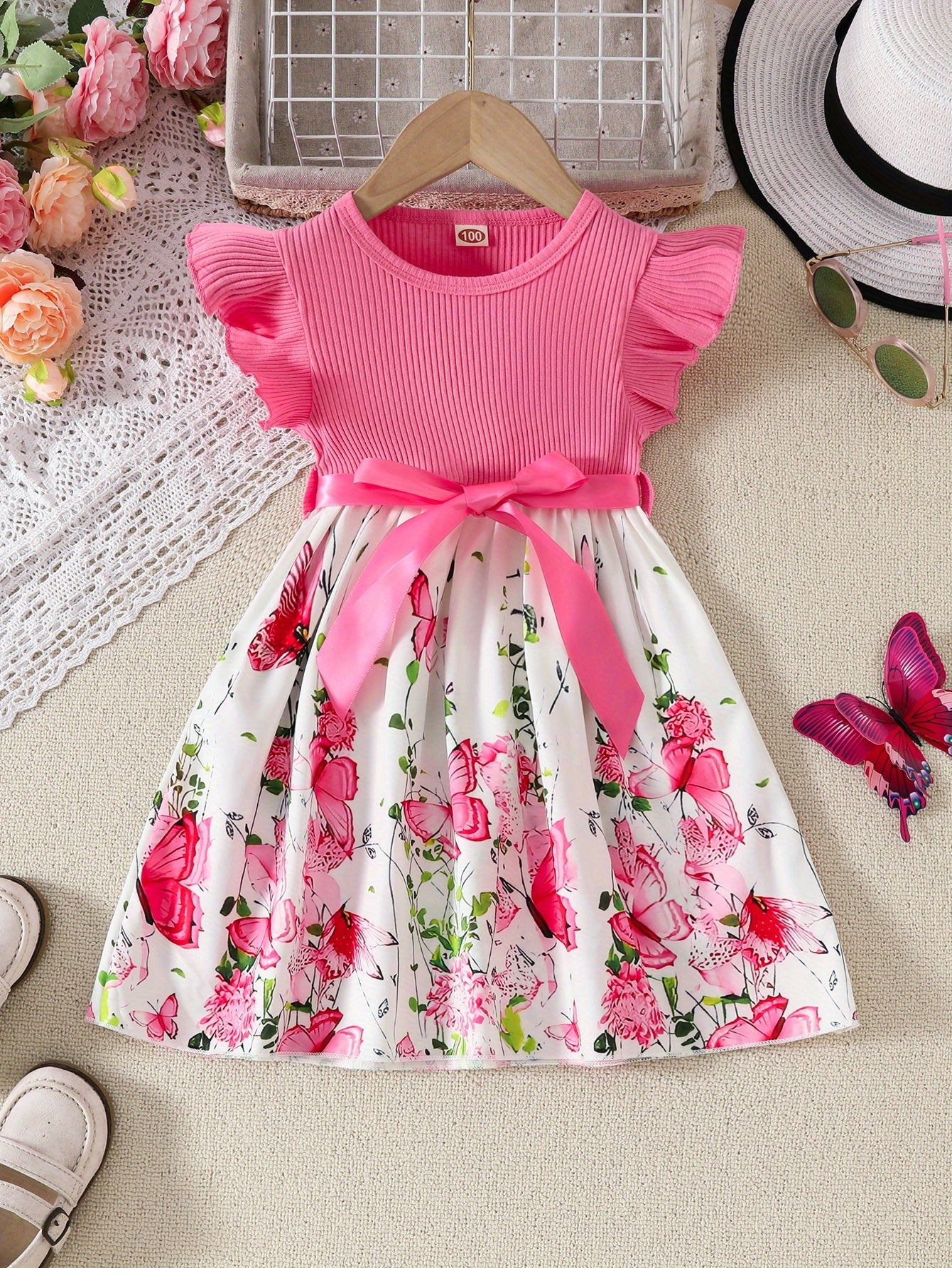 Girls' Cute Butterfly & Floral Print Princess Dress - 5 Styles Random