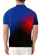 [Neon Polo Shirt] Neon Color Block 3D Digital Print Men's Summer Short Sleeve Polo Shirt | Casual Style, Regular Fit, 100% Polyester, Half Placket, Zipper Detail, Slight Stretch, 150g/m² - Yellow/Blue/Black