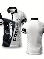 Men's Summer Casual Golf Shirt - Breathable Short Sleeve with Golf Club & Ball Graphic Print, Contrast Stripe Collar, Regular Fit for Outdoor Sports & Casual Wear, Golf Shirt, Smooth Texture Fabric